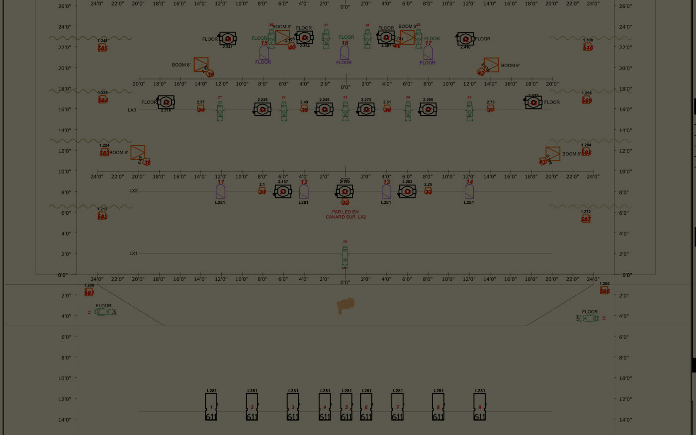LX top plot — fixture layout and technical legend